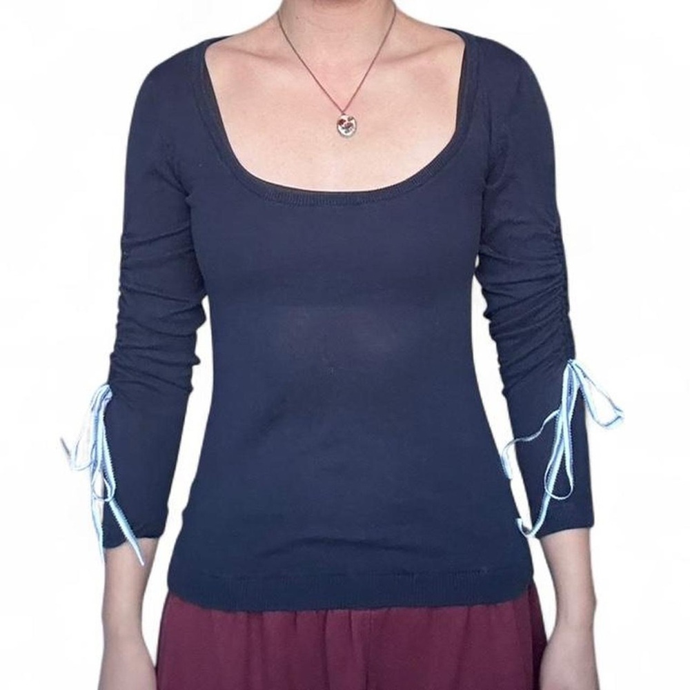 GUESS Navy Scoop Neck Tie-Sleeve Top